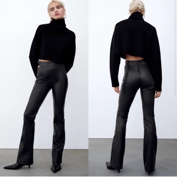 Zara Cut Out Faux Leather Flare Pants - Picture 2 of 10